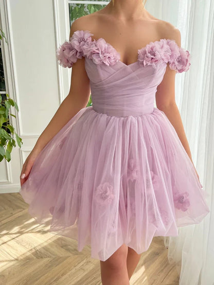 Dress Lilac Corset Strapless Short Tulle Homecoming Dress Sleeveless Hand Floral Party Dress