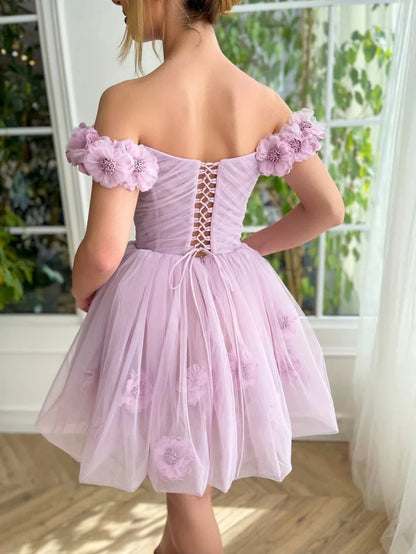 Dress Lilac Corset Strapless Short Tulle Homecoming Dress Sleeveless Hand Floral Party Dress