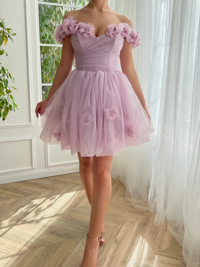 Dress Lilac Corset Strapless Short Tulle Homecoming Dress Sleeveless Hand Floral Party Dress
