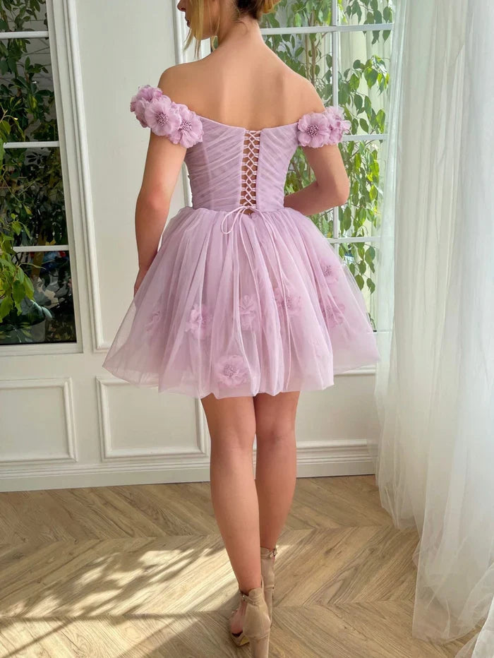 Dress Lilac Corset Strapless Short Tulle Homecoming Dress Sleeveless Hand Floral Party Dress