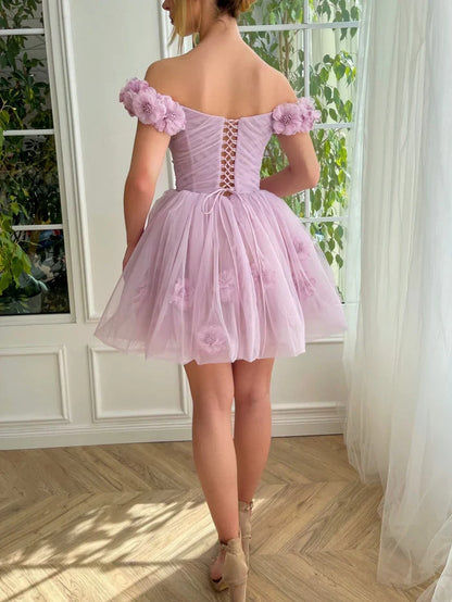 Dress Lilac Corset Strapless Short Tulle Homecoming Dress Sleeveless Hand Floral Party Dress