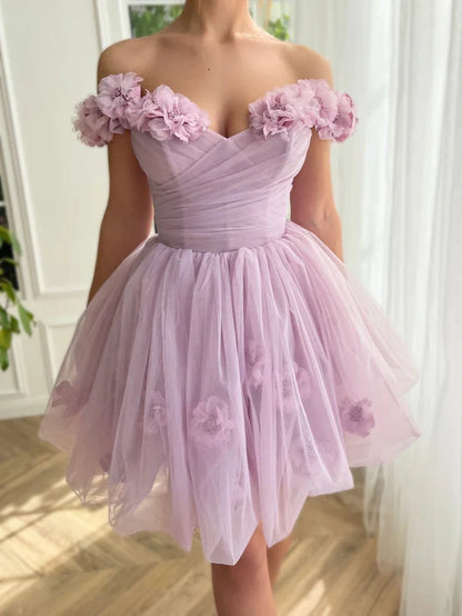 Dress Lilac Corset Strapless Short Tulle Homecoming Dress Sleeveless Hand Floral Party Dress