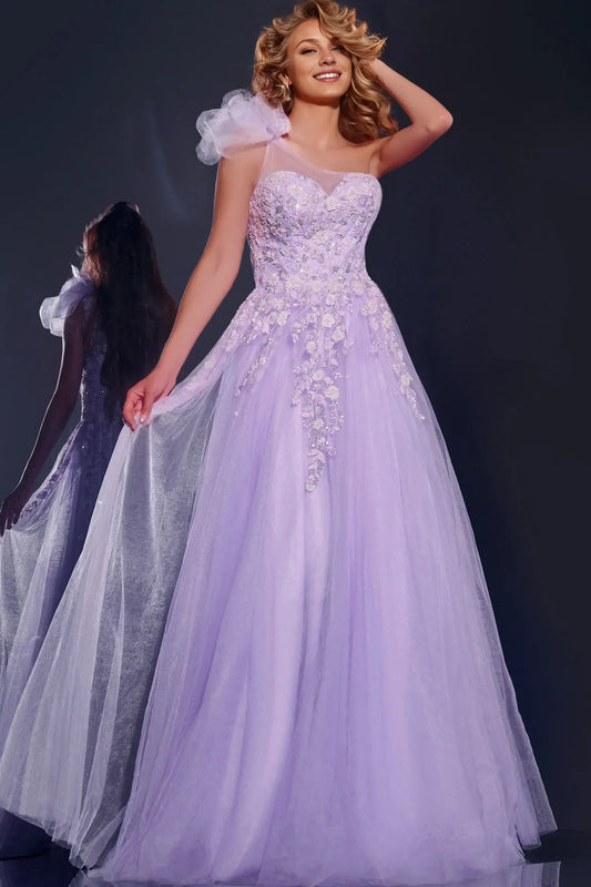 Dress Lilac Embroidered Gown One Shoulder Bow Accent Embroidered Bodice And A Flowy Tulle Skirt Prom Dress