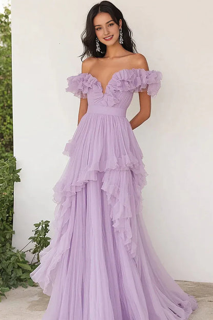 Dress Lilac Ruffled Off the Shoulder A Line Pleated Prom Dress With Lace Up