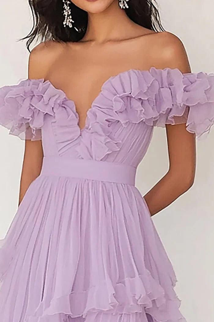 Dress Lilac Ruffled Off the Shoulder A Line Pleated Prom Dress With Lace Up