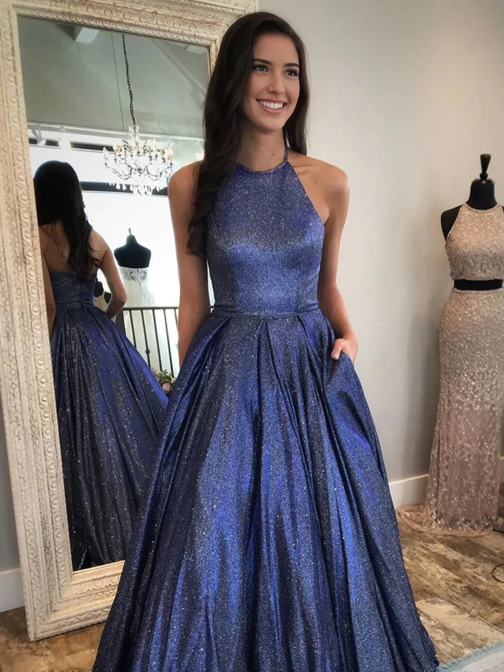 Dress Long A-line Halter Backless Formal Graduation Prom Dresses
