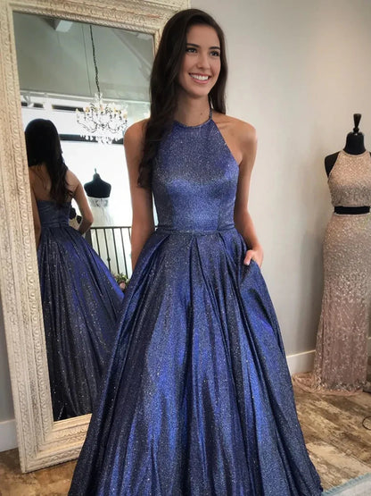 Dress Long A-line Halter Backless Formal Graduation Prom Dresses