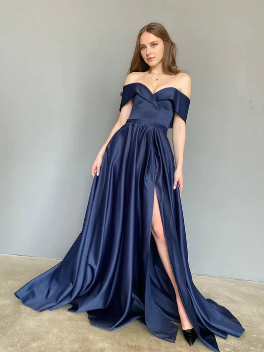 Dress Long A-line Off Shoulder Satin Prom Dresses with Slit Dark Navy Formal Graduation Evening Dresses