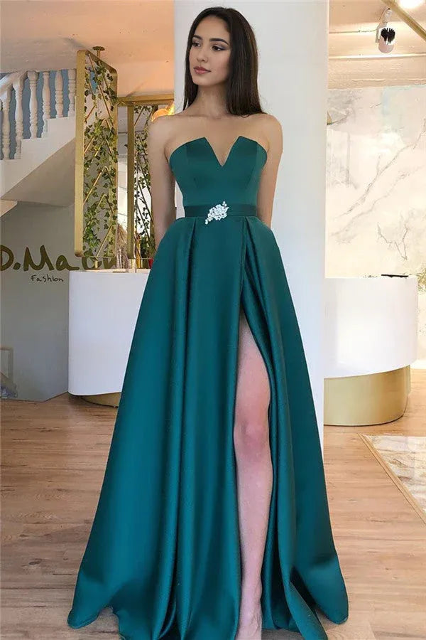 Dress Long A-line Strapless Backless Satin Evening Dress with Slit Prom Dress