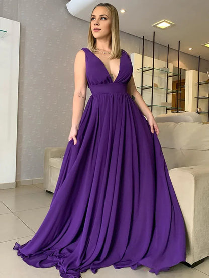 Dress Long A-line V-neck Chiffon Prom Dress Purple Backless Formal Evening Dresses