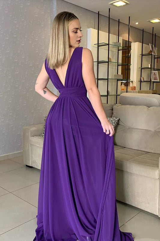 Dress Long A-line V-neck Chiffon Prom Dress Purple Backless Formal Evening Dresses