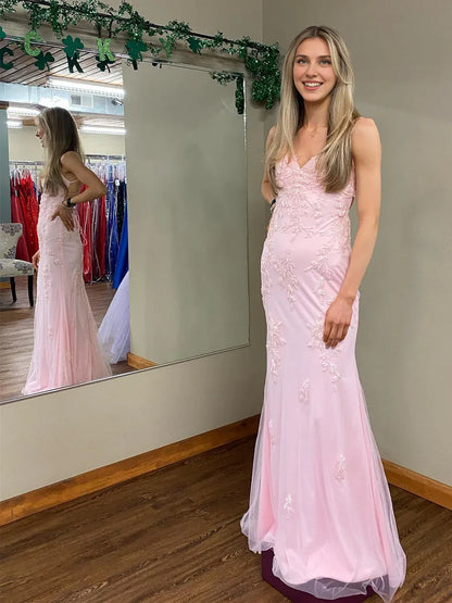 Dress Long Mermaid V-neck Lace Backless Prom Dress Pink Formal Evening Dresses