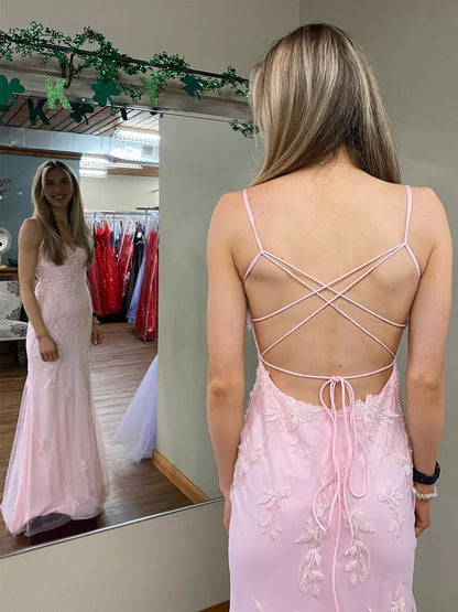Dress Long Mermaid V-neck Lace Backless Prom Dress Pink Formal Evening Dresses
