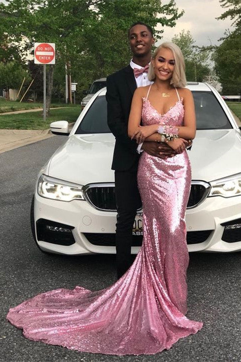 Dress Long Mermaid V-neck Spaghetti Straps Pink Sequined Backless Prom Dress