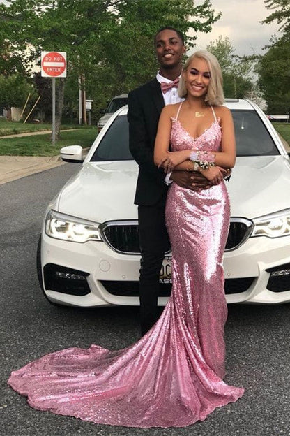 Dress Long Mermaid V-neck Spaghetti Straps Pink Sequined Backless Prom Dress