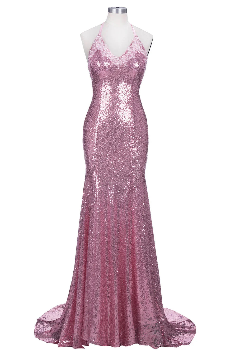 Dress Long Mermaid V-neck Spaghetti Straps Pink Sequined Backless Prom Dress