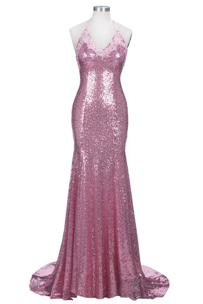 Dress Long Mermaid V-neck Spaghetti Straps Pink Sequined Backless Prom Dress