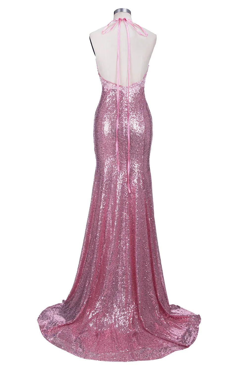 Dress Long Mermaid V-neck Spaghetti Straps Pink Sequined Backless Prom Dress