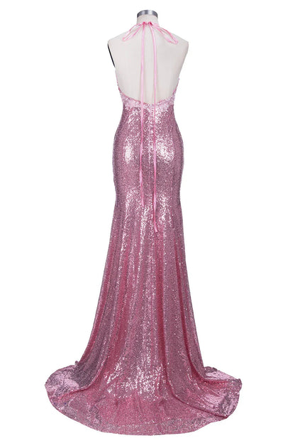 Dress Long Mermaid V-neck Spaghetti Straps Pink Sequined Backless Prom Dress