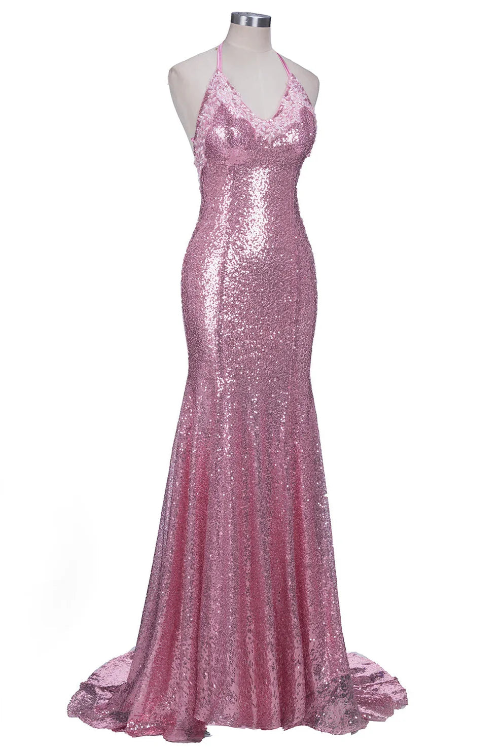Dress Long Mermaid V-neck Spaghetti Straps Pink Sequined Backless Prom Dress
