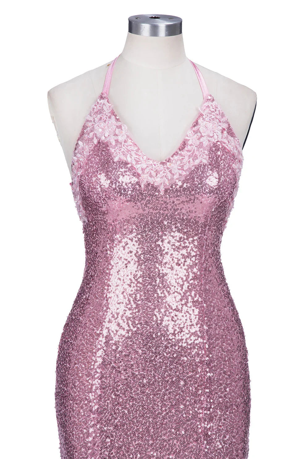 Dress Long Mermaid V-neck Spaghetti Straps Pink Sequined Backless Prom Dress