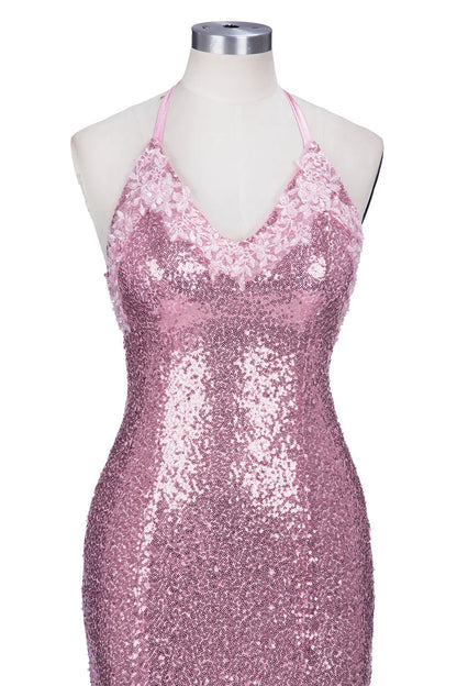 Dress Long Mermaid V-neck Spaghetti Straps Pink Sequined Backless Prom Dress