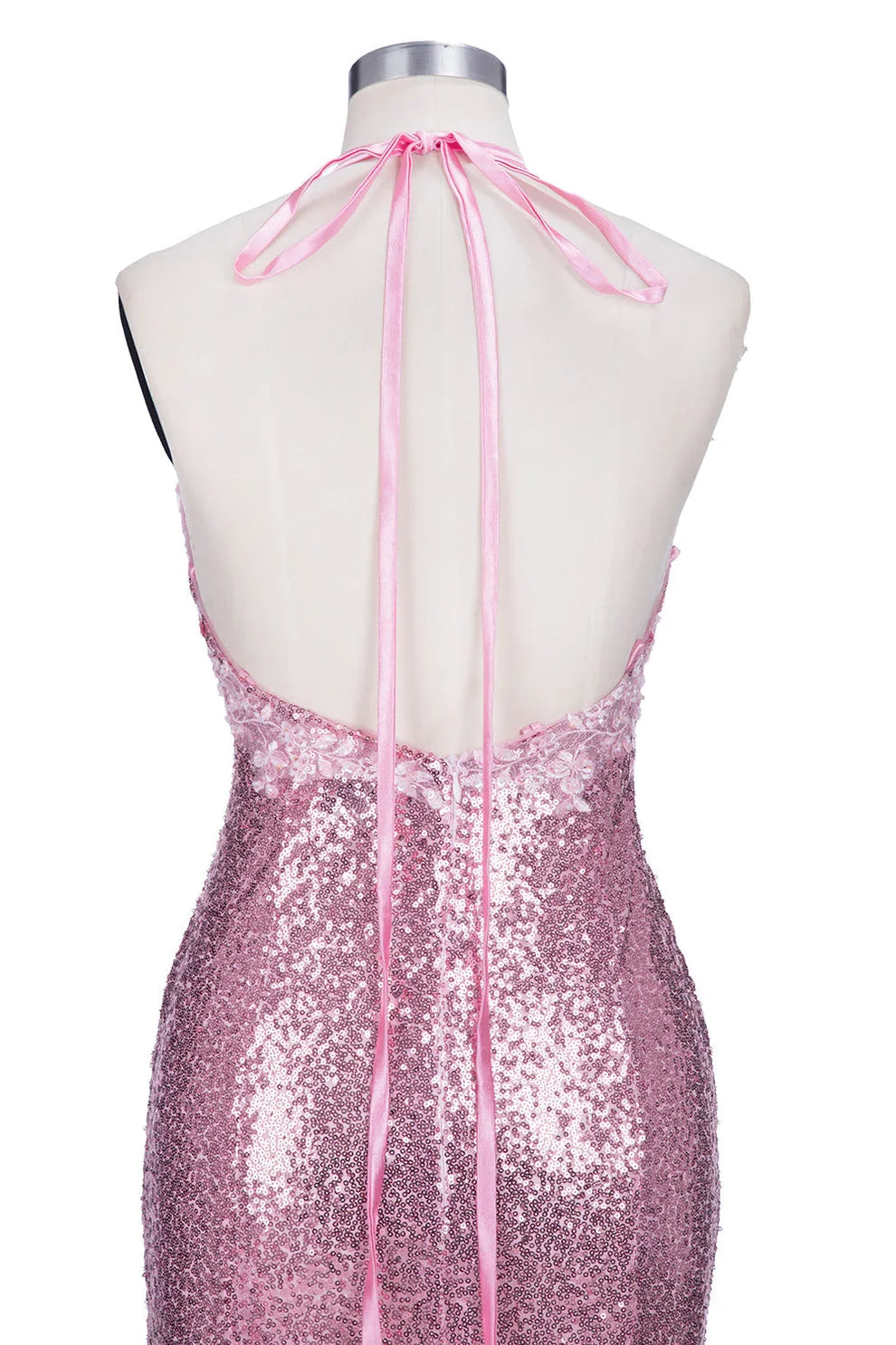 Dress Long Mermaid V-neck Spaghetti Straps Pink Sequined Backless Prom Dress