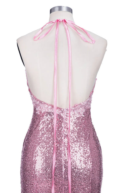 Dress Long Mermaid V-neck Spaghetti Straps Pink Sequined Backless Prom Dress