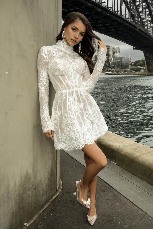 Dress Long Sleeve Lace Short Cocktail Dress Elegant High Neck A-Line Homecoming Dress
