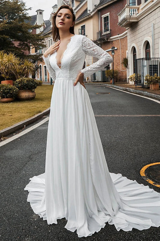 Dress Long Sleeves Deep V Neck Chiffon Lace Wedding Dress A-line With Court Train Bride Dress