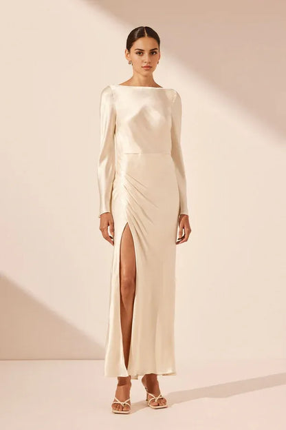 Dress Long Sleeves Flared Sleeve Side Split Midi Dress Cream Round Neck Party Dress