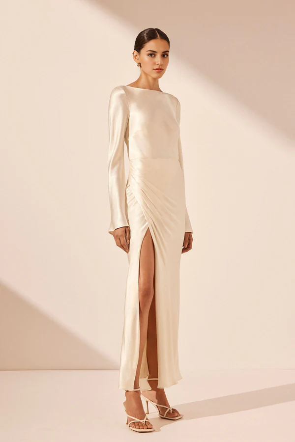 Dress Long Sleeves Flared Sleeve Side Split Midi Dress Cream Round Neck Party Dress