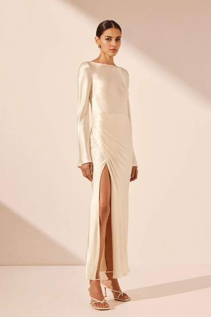 Dress Long Sleeves Flared Sleeve Side Split Midi Dress Cream Round Neck Party Dress