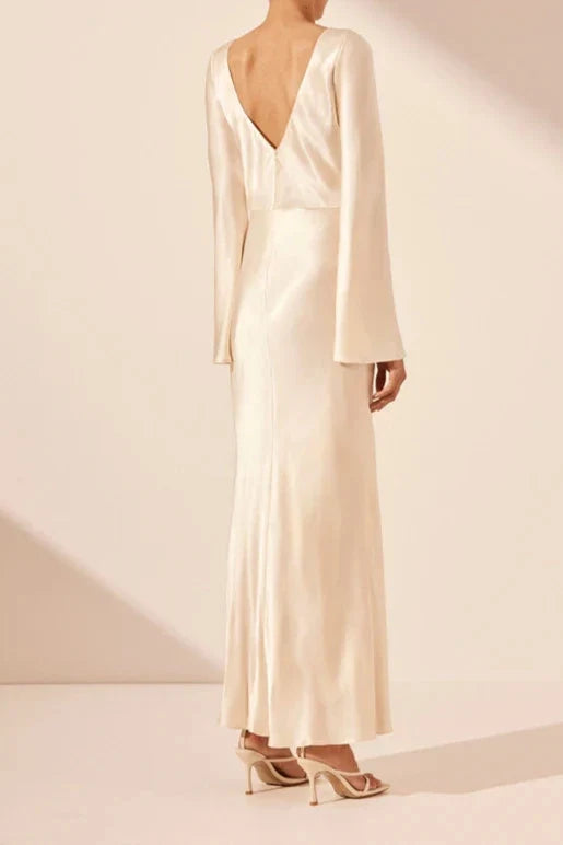 Dress Long Sleeves Flared Sleeve Side Split Midi Dress Cream Round Neck Party Dress
