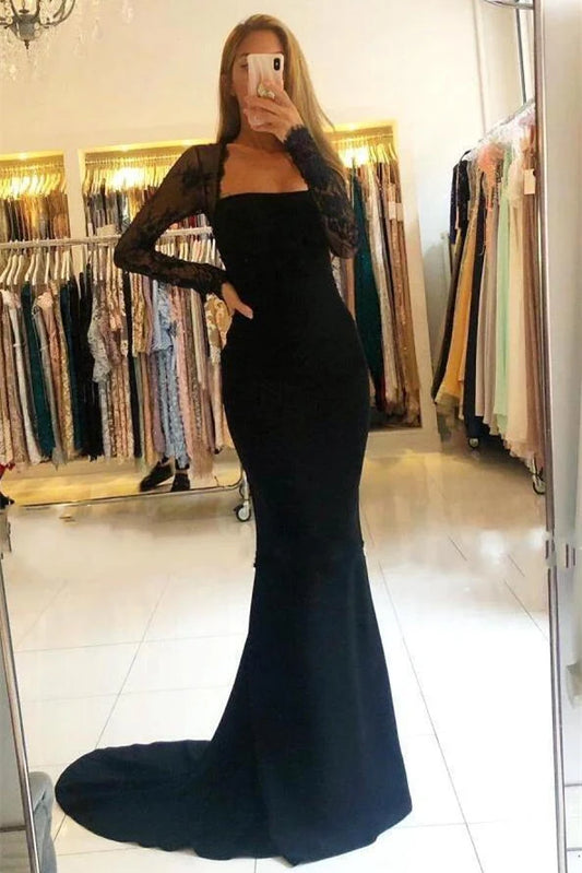 Dress Long Sleeves Mermaid Black Party Dress Square Neck Lace Open Back Prom Dress