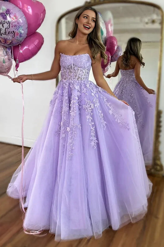 Dress Lovely Lilac A-Line Strapless Tulle Maxi Dress Prom Dress With Appliques