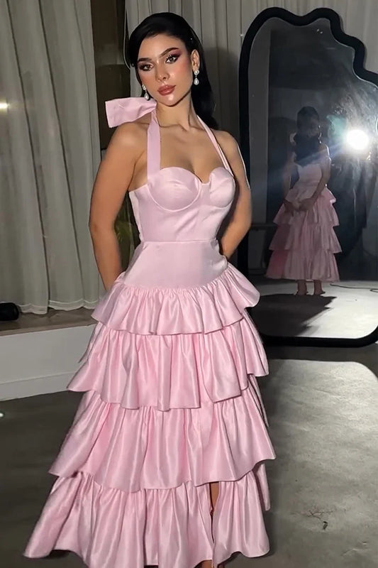 Dress Lovely Pink A-Line Halter Neck Maxi Dress Prom Dress Formal Dress With Tiered Satin Evening Dress
