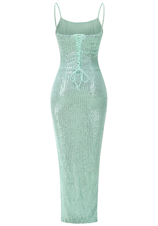 Dress Luxury Sequin Corset Sleeveless Maxi Dress Green Spaghetti Straps Twist Prom Dress