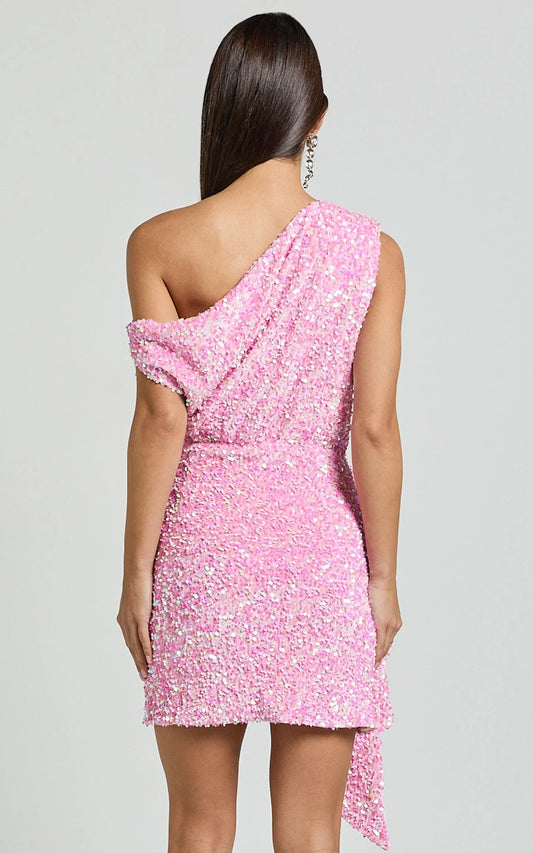 Dress Luxury Sequin Drape One Shoulder Mini Dress Pink A-Line Sleeveless Backless Cold Shoulder Homecoming Dress