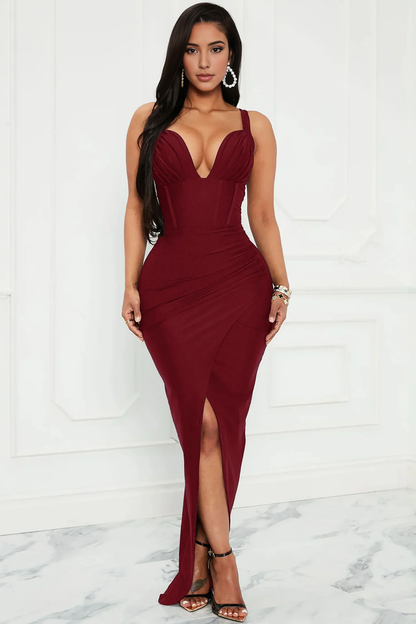 Dress Maxi Dress Burgundy Wide Straps Open Back Prom Dress With Slit Deep V Neck Mermaid Hunter Party Dress