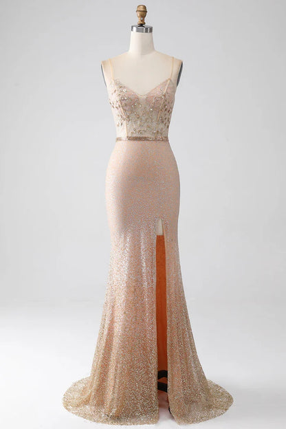 Dress Mermaid Champagne Spaghetti Straps Party Dress Sleeveless Maxi Dress With Slit Prom Dress