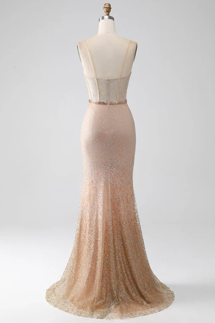 Dress Mermaid Champagne Spaghetti Straps Party Dress Sleeveless Maxi Dress With Slit Prom Dress