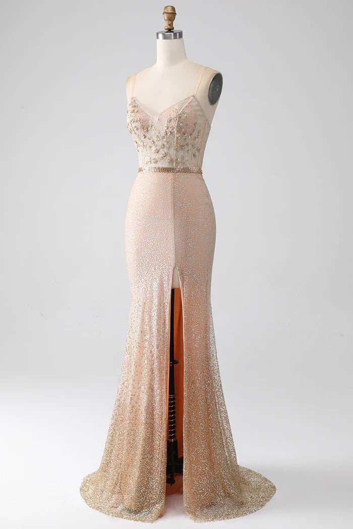 Dress Mermaid Champagne Spaghetti Straps Party Dress Sleeveless Maxi Dress With Slit Prom Dress
