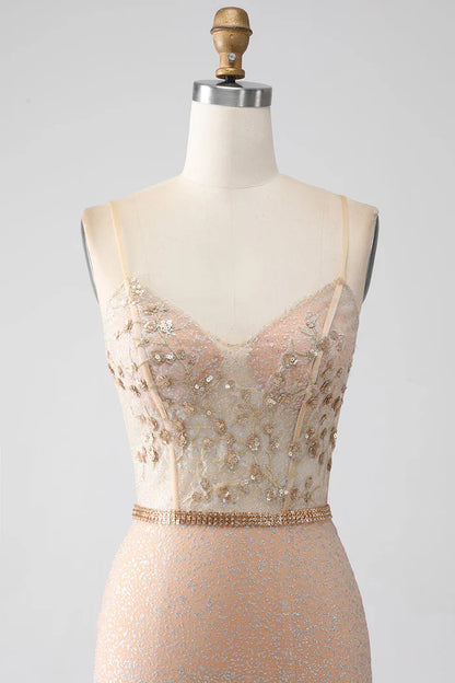 Dress Mermaid Champagne Spaghetti Straps Party Dress Sleeveless Maxi Dress With Slit Prom Dress