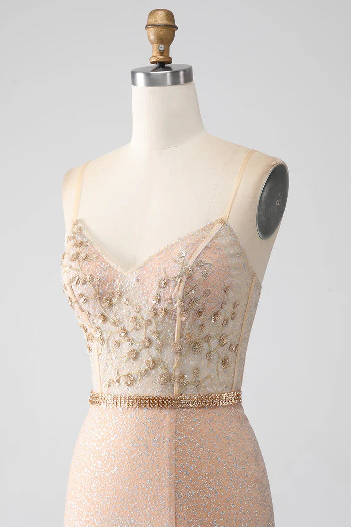 Dress Mermaid Champagne Spaghetti Straps Party Dress Sleeveless Maxi Dress With Slit Prom Dress