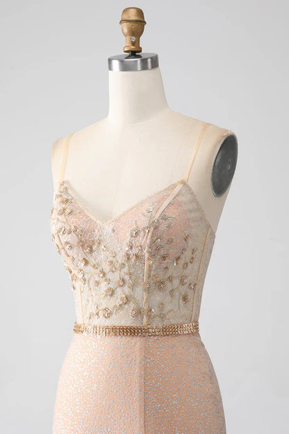 Dress Mermaid Champagne Spaghetti Straps Party Dress Sleeveless Maxi Dress With Slit Prom Dress