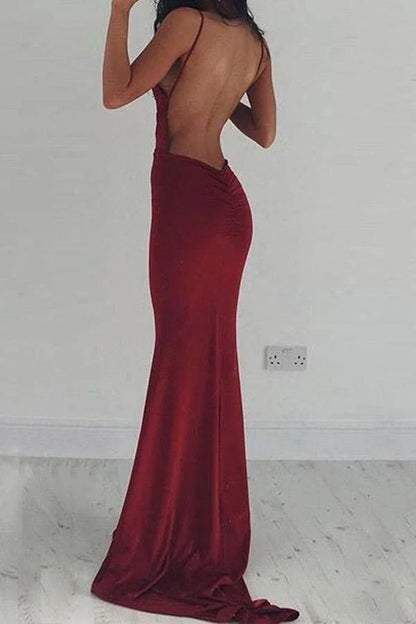 Dress Mermaid Deep V-Neck Backless Burgundy Long Prom Dress