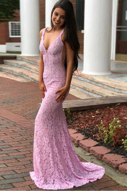 Dress Mermaid Deep V-Neck Floor Length Lace Prom Dresses with Beading