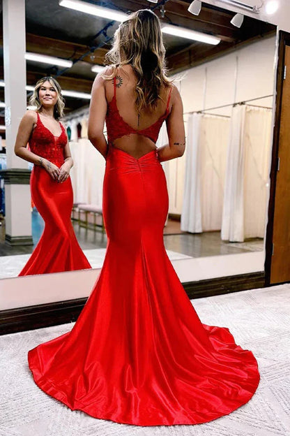 Dress Mermaid Deep V Neck Sleeveless Satin Navy Blue Prom Dress with Appliques