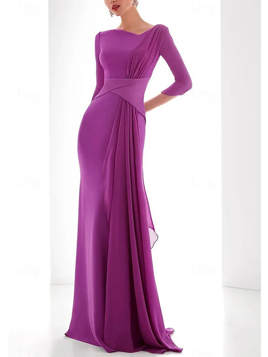 Dress Mermaid Elegant Dress Formal Fall Floor Length 3/4 Length Sleeve V Neck Chiffon With Ruched Ruffles Evening Dress
